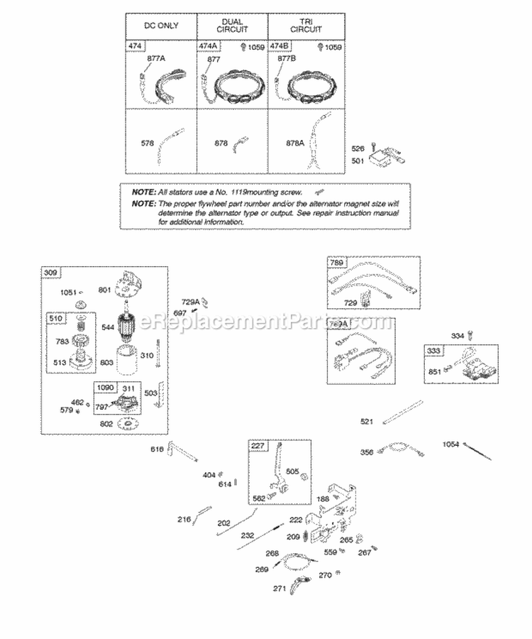 Alternator Controls Electric Starter Governor Spring Ignition Diagram and Parts List for  Briggs and Stratton Engine